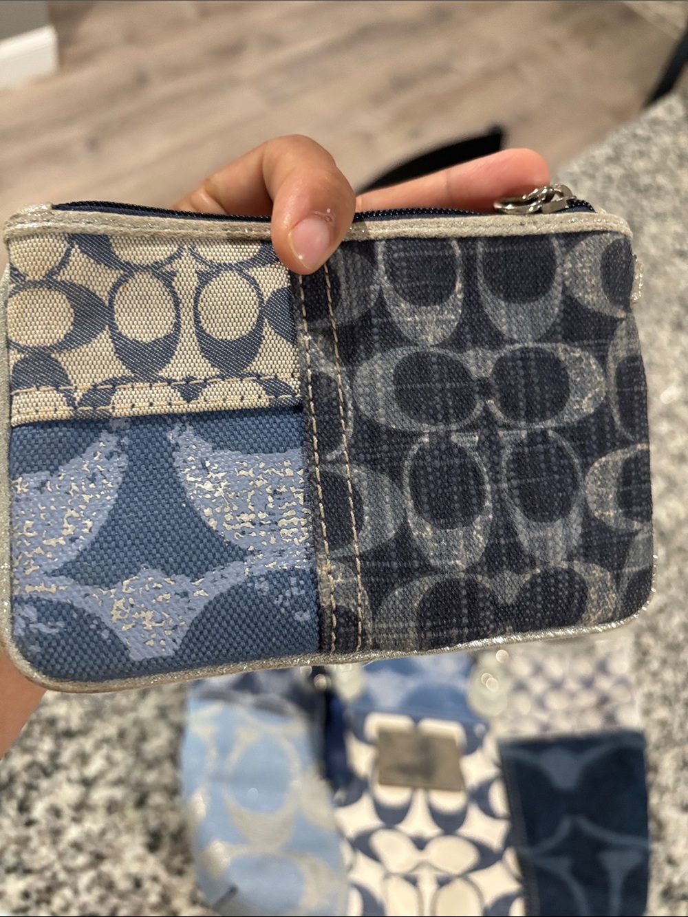 Coach Patchwork Signature Tote in Blue and Cream with Silver Trim - Picture 3 of 12